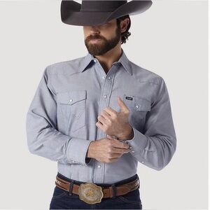 Wrangler Blue Chambray Denim Shirt Western Pearl Snaps Men’s Size 16 34